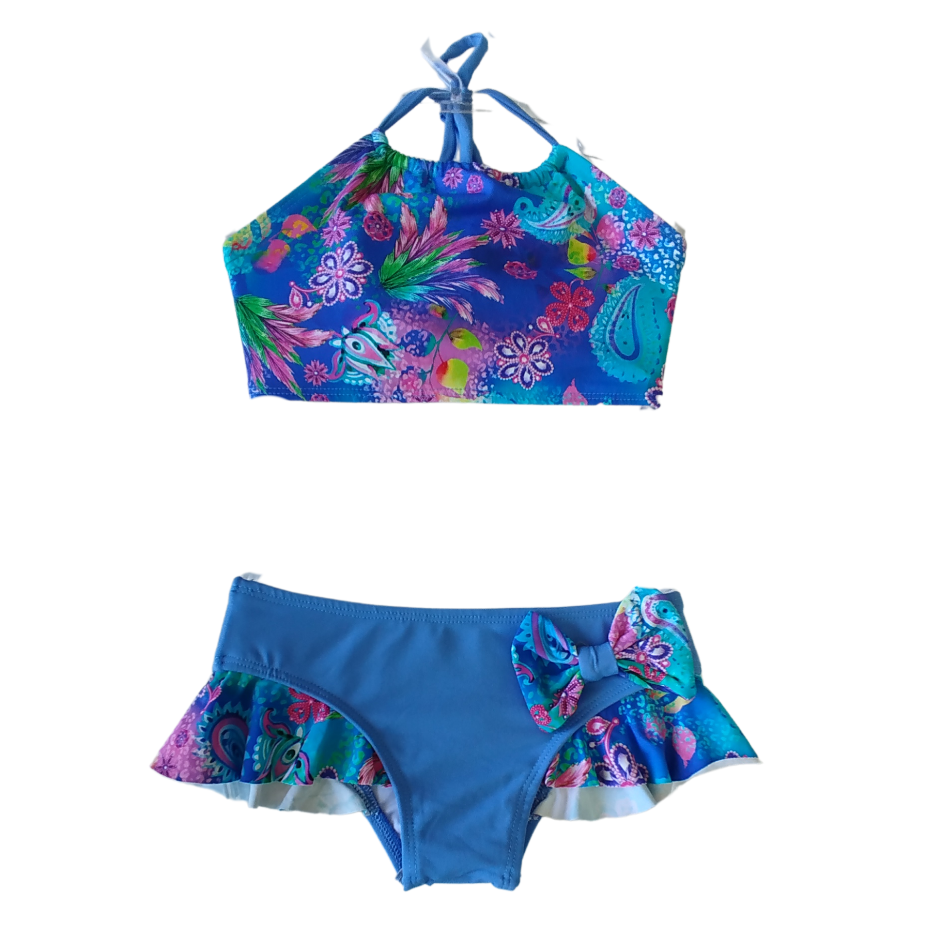 Biquíni Infantil Frente  Única Azul com Estampa Floral | Proteção UV 50+